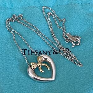 Tiffany & Co. 18K Gold & Sterling Silver Heart & Bow Ribbon Necklace